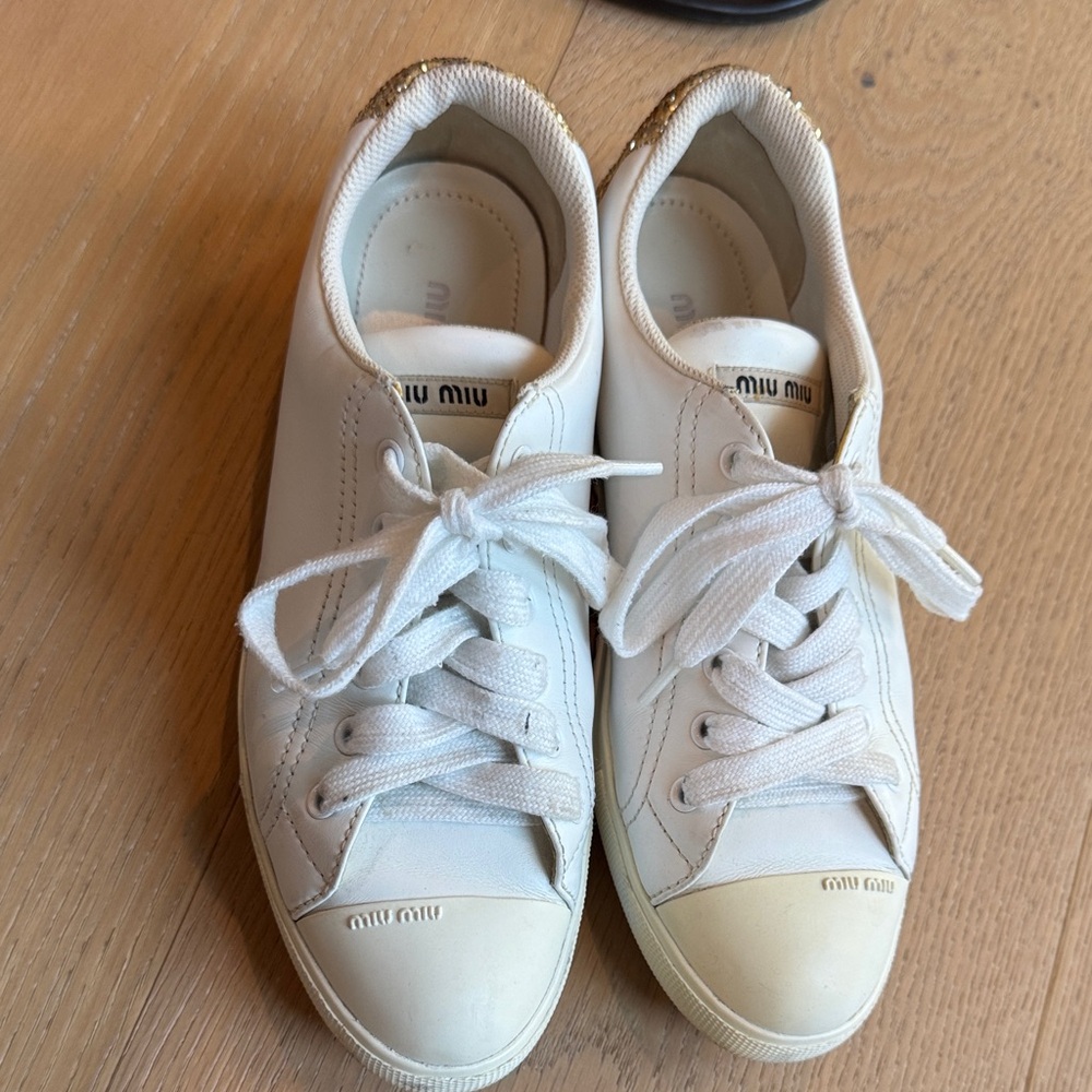 Miu Miu White and Gold Glitter Sneakers